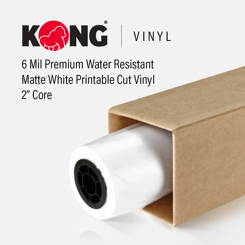 42'' x 100' Kong Vinyl - 6 Mil Premium Water Resistant Matte White Printable Cut Vinyl w/ Permanent Adhesive on 2'' Core